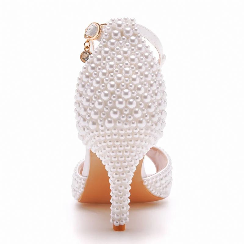 Sandales En Perles Blanches Pour Femmes Bout Ouvert Talons Hauts Chaussures De Mariage De Luxe Robe De Banquet - Blanc