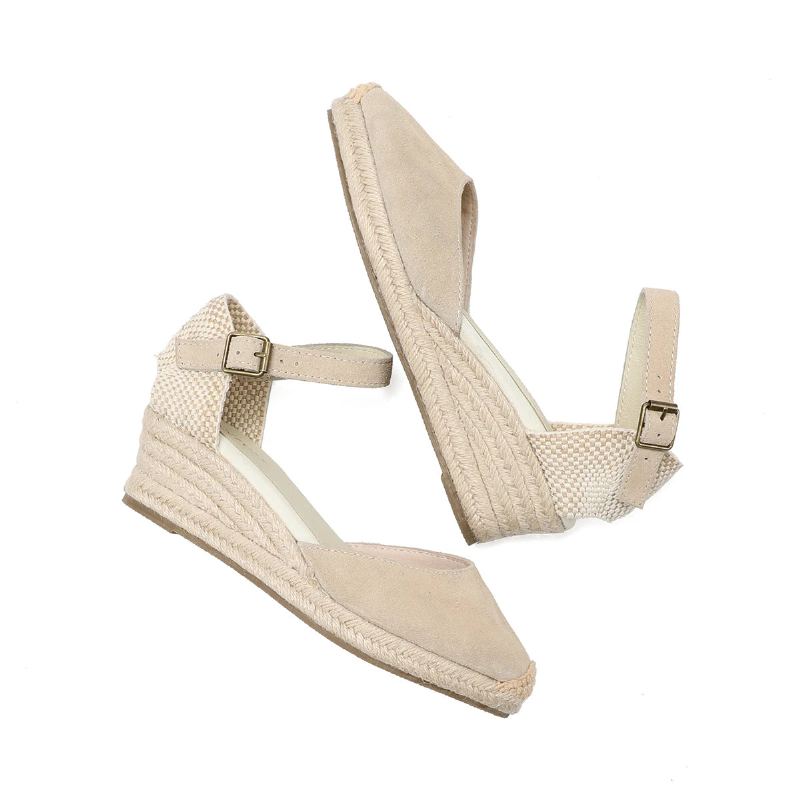 Sandales Solides Ouvertes Véritables Décontractées Élastiques Pour Femmes - Cuir Beige 45 Cm 