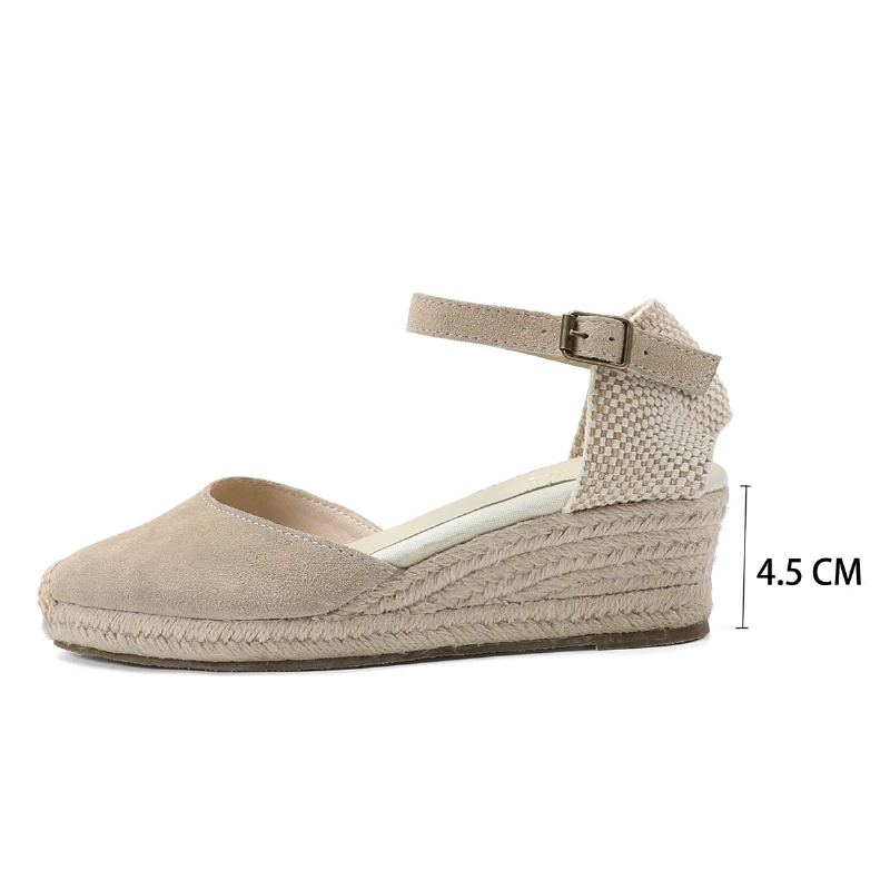 Sandales Solides Ouvertes Véritables Décontractées Élastiques Pour Femmes - Cuir Beige 45 Cm 