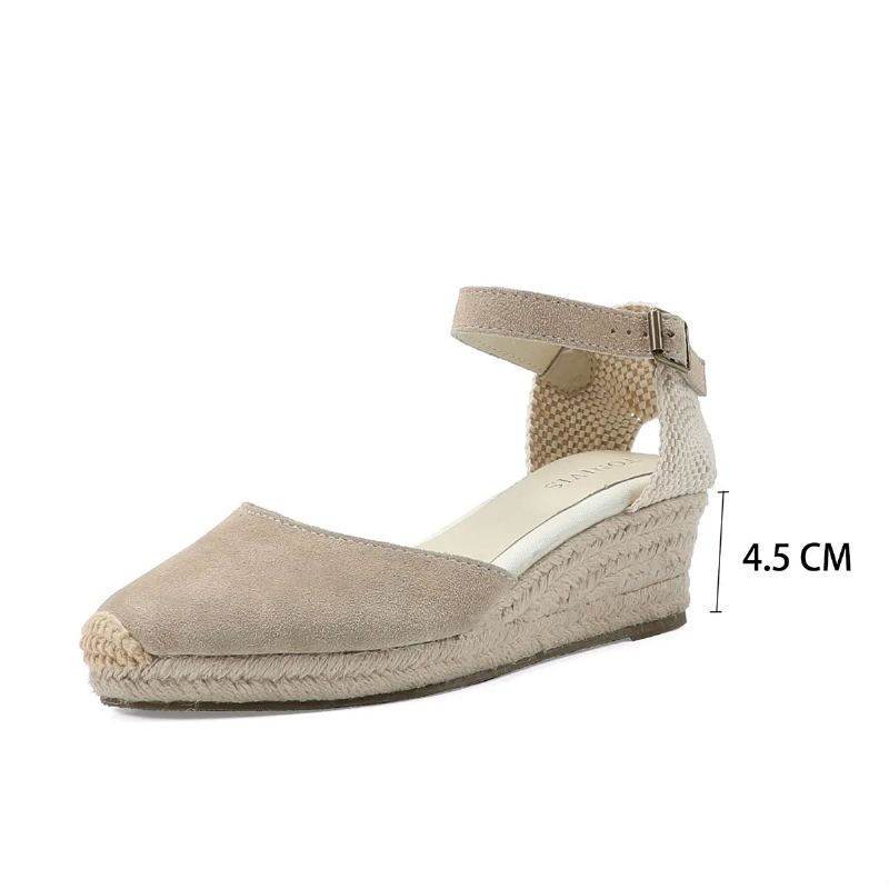 Sandales Solides Ouvertes Véritables Décontractées Élastiques Pour Femmes - Cuir Beige 45 Cm 