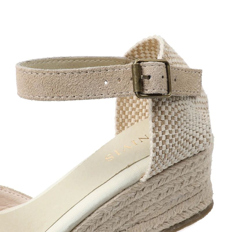 Sandales Solides Ouvertes Véritables Décontractées Élastiques Pour Femmes - Cuir Beige 45 Cm 