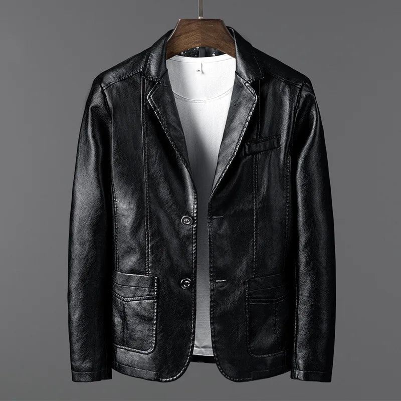 Blazer En Cuir Pour Hommes Tendance Beau Slim Manteau D'affaires Loisirs Moto Automne Et Hiver - Noir