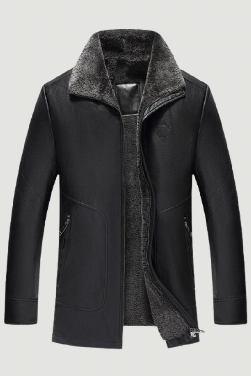 Hiver Long Noir Polaire Parka Manteau Hommes Veste En Cuir Pardessus Plus Velours Chaud Col De Fourrure Pu Décontracté Marron Vêtements D'extérieur Coupe-vent