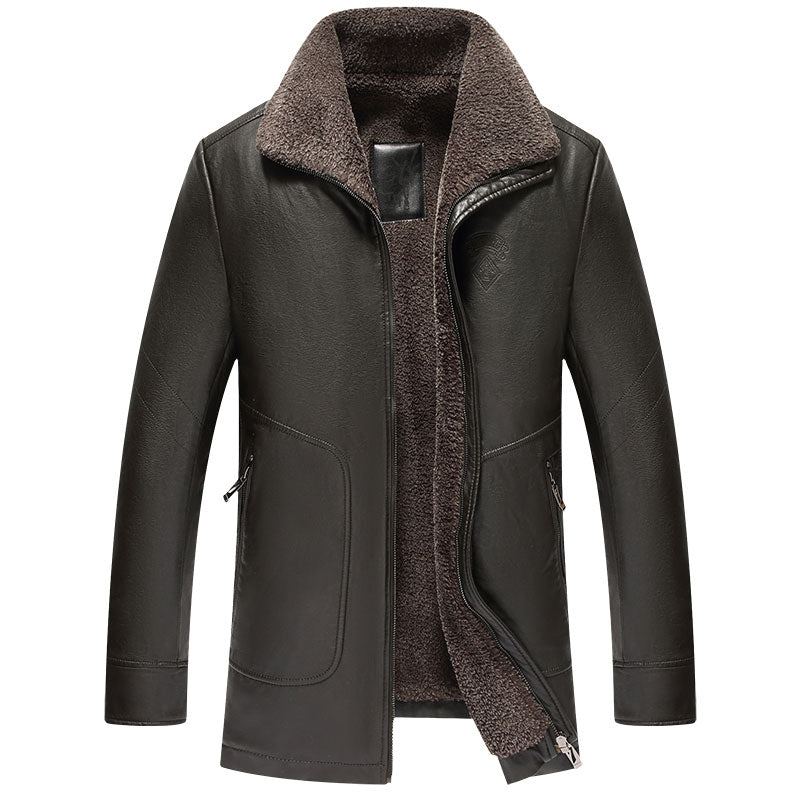 Hiver Long Noir Polaire Parka Manteau Hommes Veste En Cuir Pardessus Plus Velours Chaud Col De Fourrure Pu Décontracté Marron Vêtements D'extérieur Coupe-vent - Noir