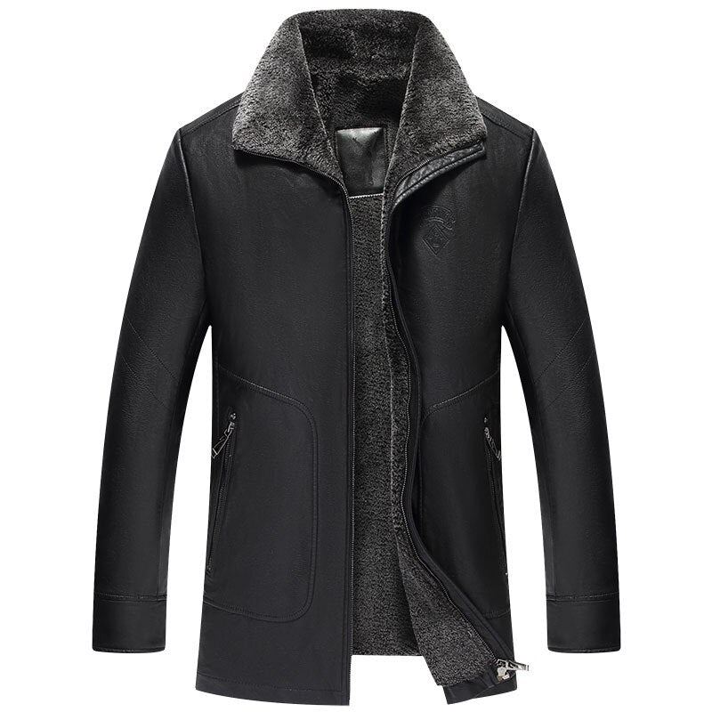 Hiver Long Noir Polaire Parka Manteau Hommes Veste En Cuir Pardessus Plus Velours Chaud Col De Fourrure Pu Décontracté Marron Vêtements D'extérieur Coupe-vent - Noir