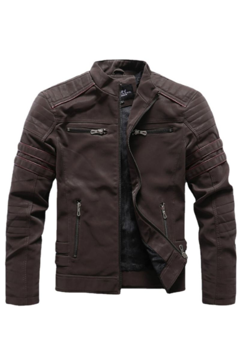 Hiver Moto Veste En Cuir Hommes Vintage Polaire Chaud Multi-poches En Manteau Mâle Fermeture Éclair Vêtements D'extérieur Automne Vestes