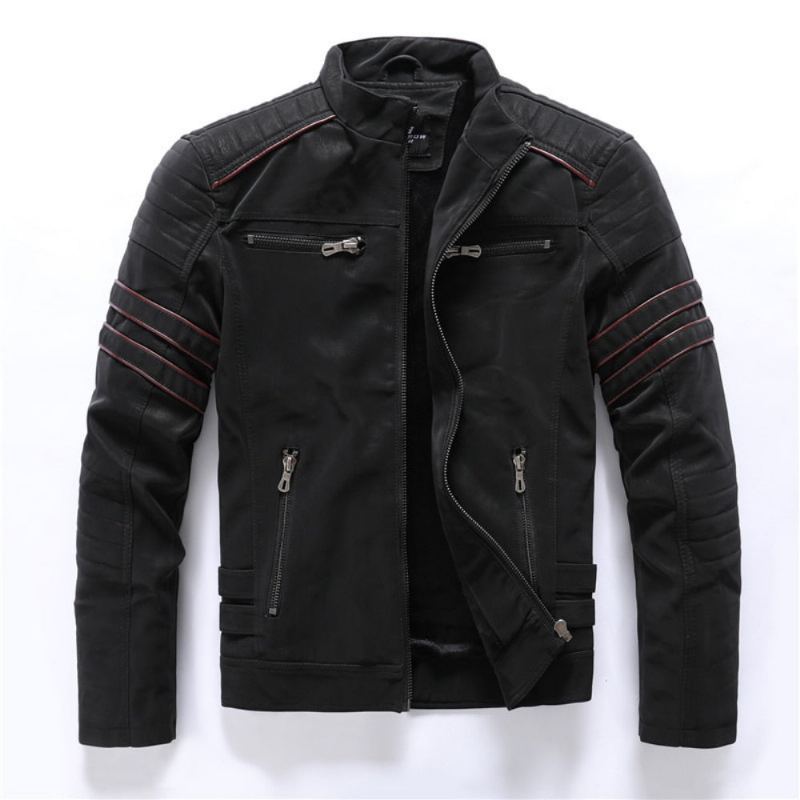 Hiver Moto Veste En Cuir Hommes Vintage Polaire Chaud Multi-poches En Manteau Mâle Fermeture Éclair Vêtements D'extérieur Automne Vestes - Noir01