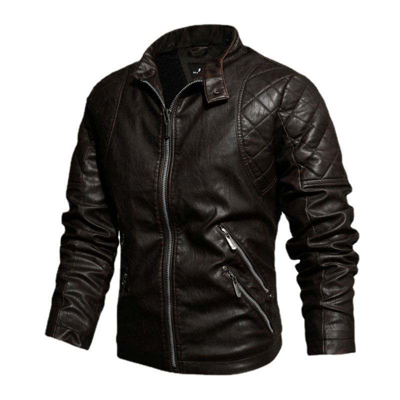 Hommes Moto Décontracté Broderie Biker Manteau Fermeture Éclair Polaire Veste Automne Hiver Faux Cuir Vestes - Noir