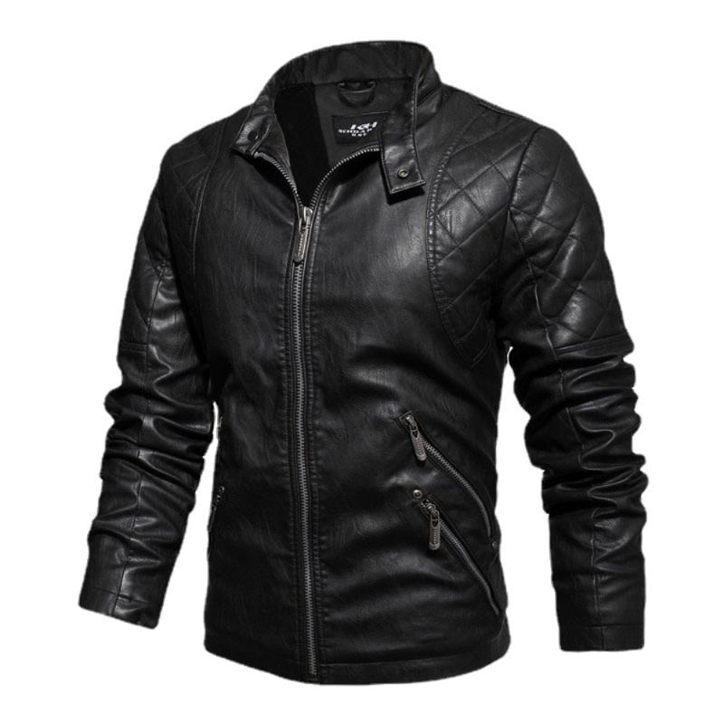 Hommes Moto Décontracté Broderie Biker Manteau Fermeture Éclair Polaire Veste Automne Hiver Faux Cuir Vestes - Noir