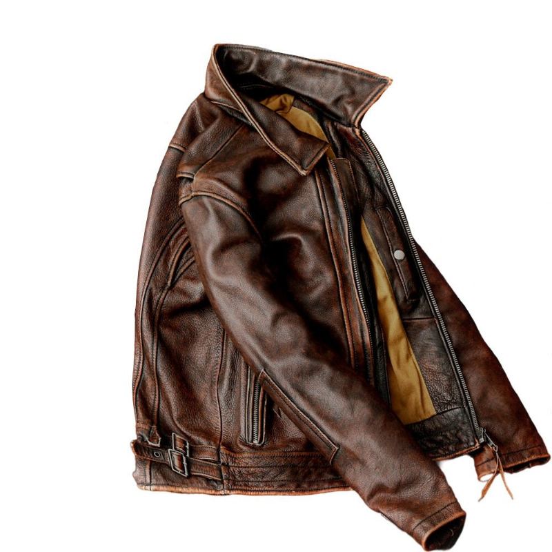 Style Veste En Cuir Véritable Manteau En Peau De Vache Marron Vintage De Motard Pour Hommes En - Brun