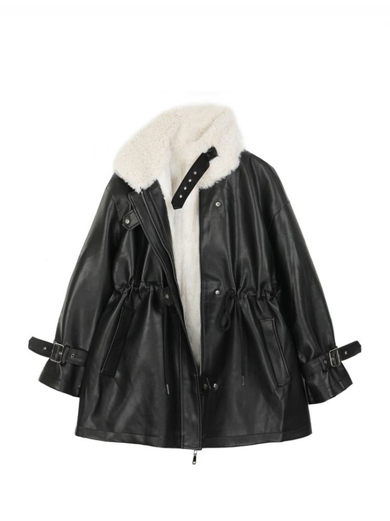 Veste En Cuir Pour Femme Automne Hiver Chaud Peluche Épais Daim Vêtements D'extérieur Laine D'agneau Manteaux De Moto Courts - Noir