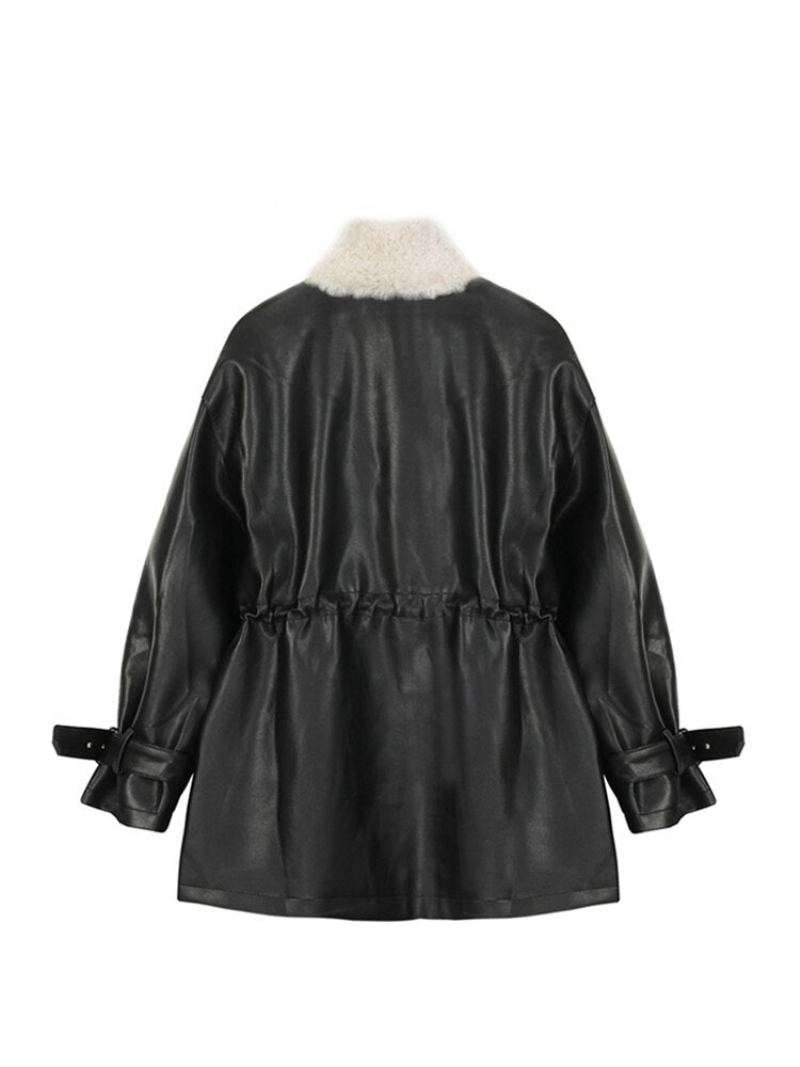 Veste En Cuir Pour Femme Automne Hiver Chaud Peluche Épais Daim Vêtements D'extérieur Laine D'agneau Manteaux De Moto Courts - Noir