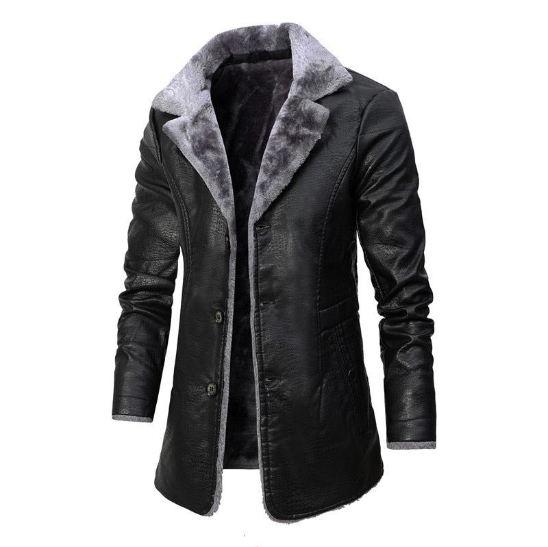 Veste En Cuir Pour Hommes D'affaires Mi-longue Costume Polaire À Grand Revers En Peluche Manteaux Chauds D'hiver - Marron