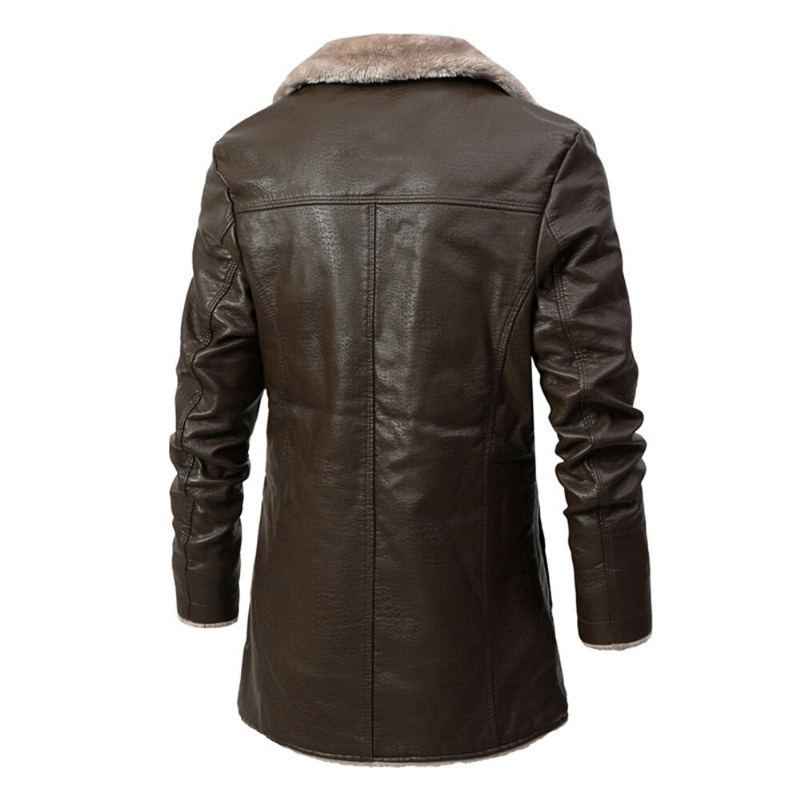 Veste En Cuir Pour Hommes D'affaires Mi-longue Costume Polaire À Grand Revers En Peluche Manteaux Chauds D'hiver - Marron