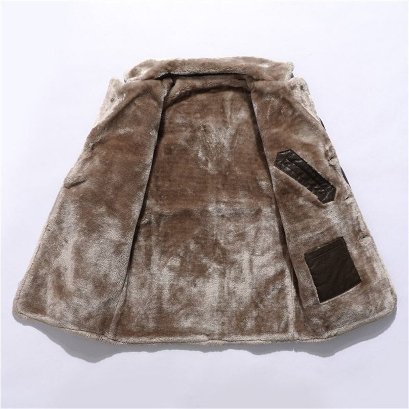 Veste En Cuir Pour Hommes D'affaires Mi-longue Costume Polaire À Grand Revers En Peluche Manteaux Chauds D'hiver - Marron