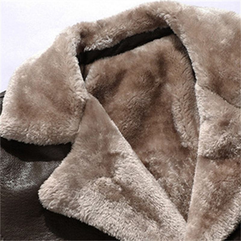 Veste En Cuir Pour Hommes D'affaires Mi-longue Costume Polaire À Grand Revers En Peluche Manteaux Chauds D'hiver - Marron