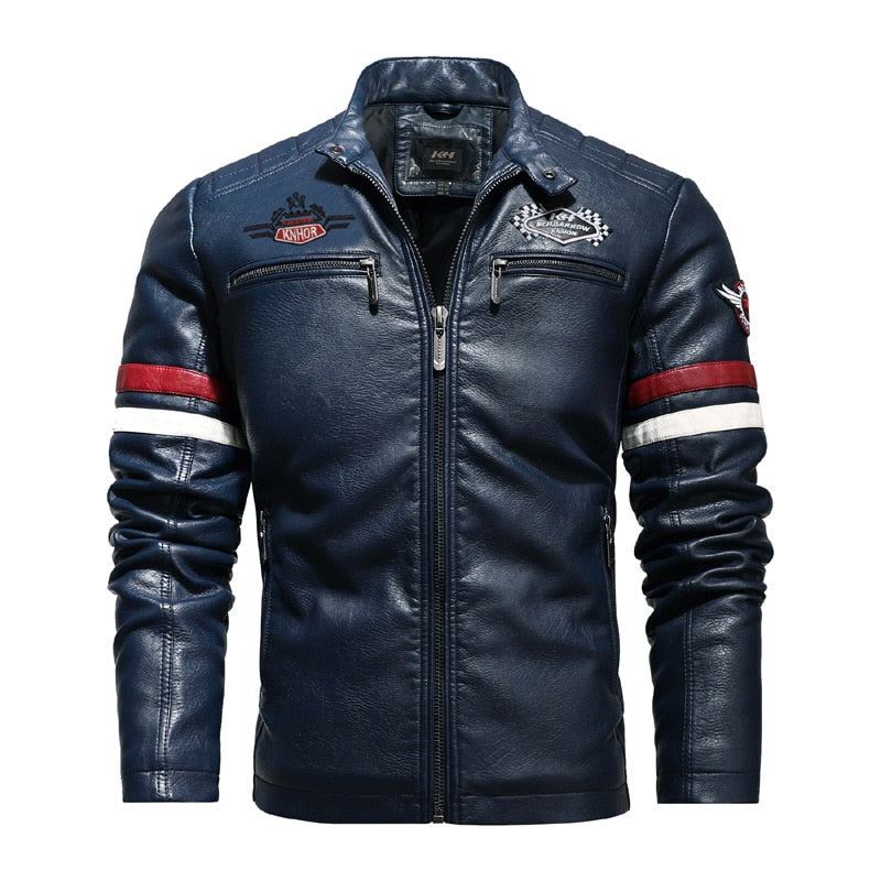 Veste En Cuir Pour Hommes Coutures Brodées De Moto Automne Hiver Manteaux De Streetwear Fins - Marine