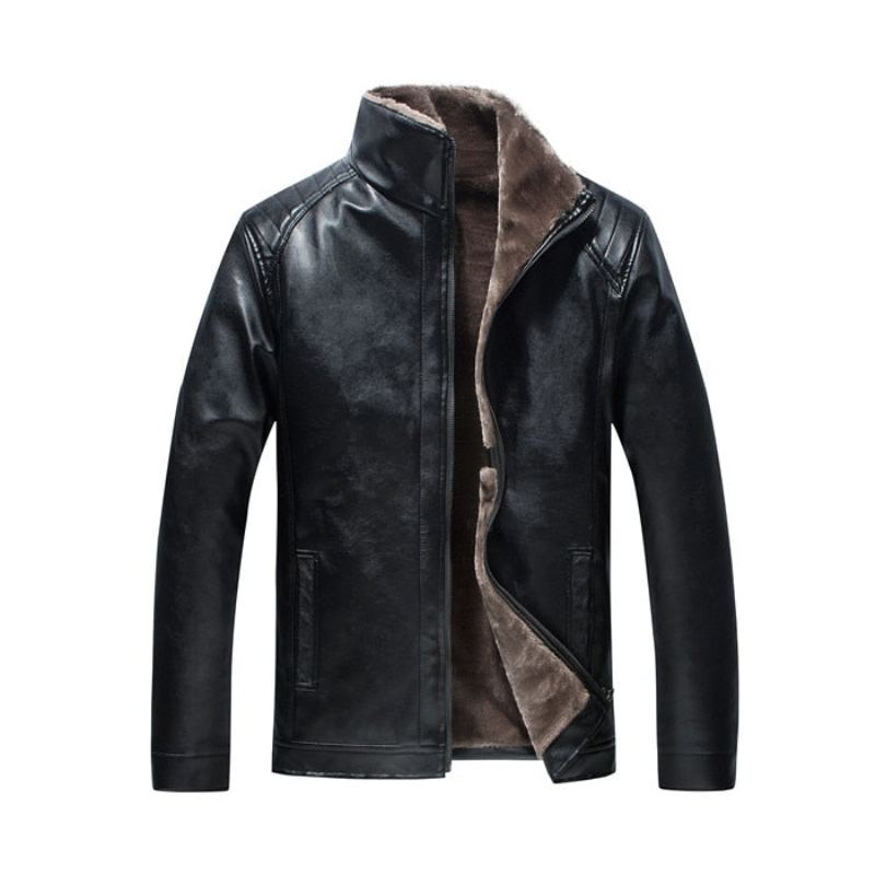 Veste En Cuir Hommes Hiver Polaire Épais Moto Coupe-vent Manteau Chaud Vêtements Masculins - Noir