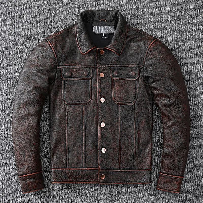 Veste En Cuir Pur Avec Couche De Pour Hommes Vieux Manteau Américain Fabriqué En Pierre - Brun