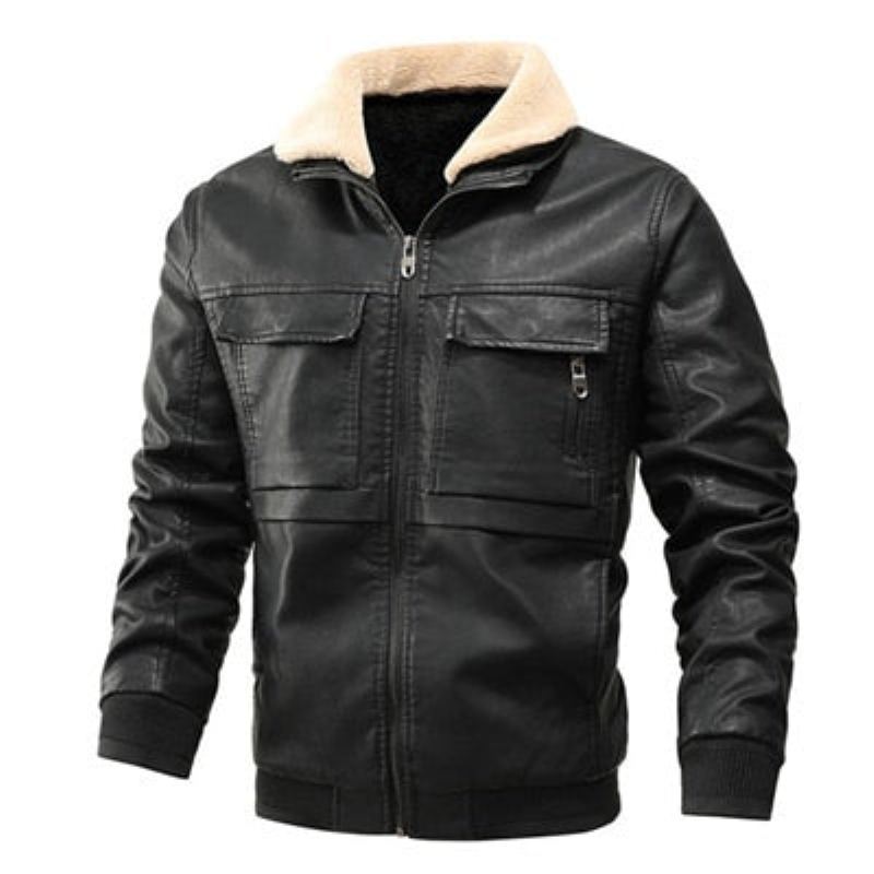 Veste D'hiver En Cuir Pour Hommes Coupe-vent À Col Polaire Manteaux En Coupe Cintrée Vestes De Moto En Faux - Noir