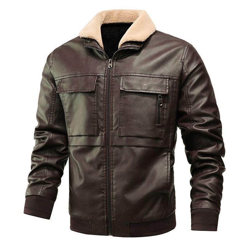 Veste D'hiver En Cuir Pour Hommes Coupe-vent À Col Polaire Manteaux En Coupe Cintrée Vestes De Moto En Faux - Noir