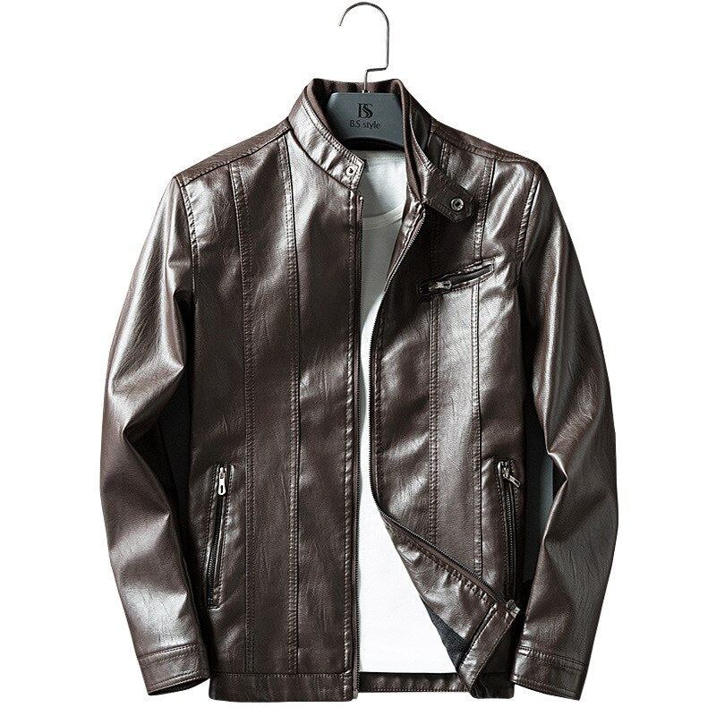 Veste D'hiver En Cuir Pour Hommes Courte Et Fine Moto Coupe Cintrée Luxe Classique Simple Manteau À Col Montant - Noir