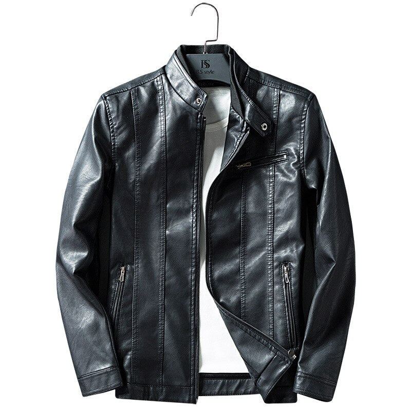 Veste D'hiver En Cuir Pour Hommes Courte Et Fine Moto Coupe Cintrée Luxe Classique Simple Manteau À Col Montant - Noir