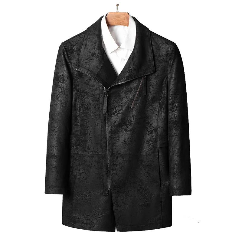 Veste D'hiver En Cuir Véritable Pour Hommes Manteau Coupe-vent Long Moto - Noir