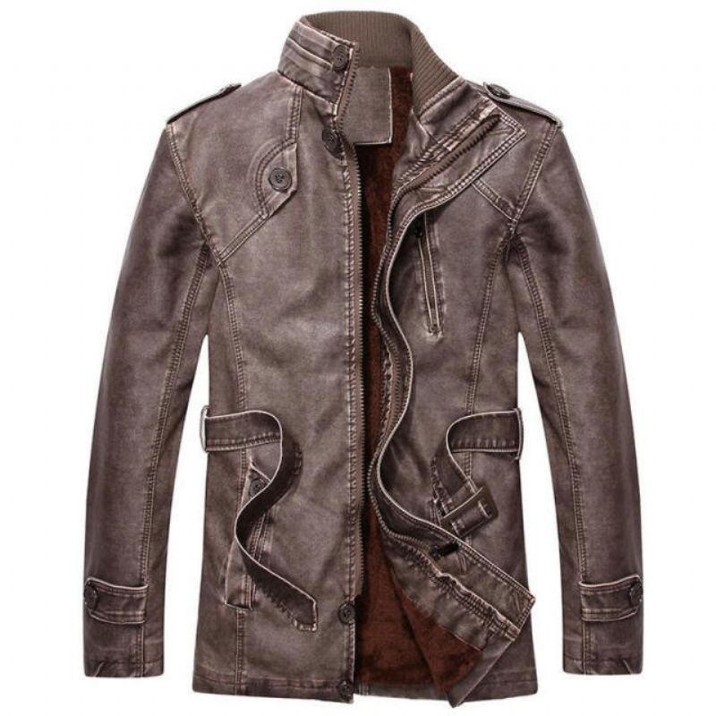 Vestes En Cuir Vintage Pour Hommes Automne Hiver Nouvelle Veste De Moto Décontractée En Manteaux Longs Et Épais En Fausse Fourrure - Café