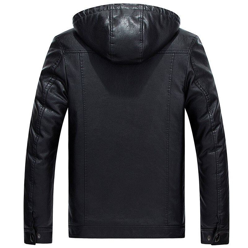 Vestes D'hiver À Capuche Amovibles En Cuir Pour Hommes Polaire Chaude Épaisse Coupe-vent Slim Veste Homme Manteaux De Motard - Noir