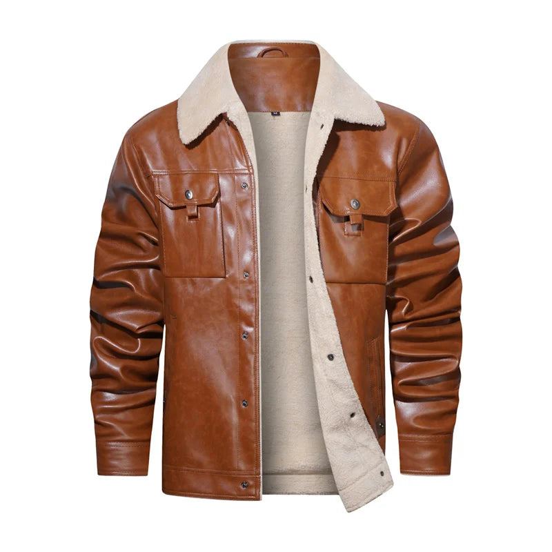 Vestes D'hiver En Cuir Pour Hommes Manteau Épais Thermique Veste Polaire Moto Vêtements D'extérieur - Beige