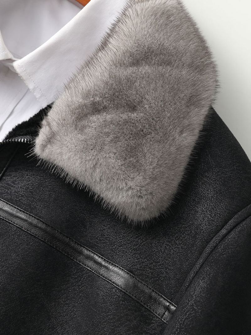 Vêtements En Cuir Véritable Veste En Peau De Mouton Col De Vison Pour Hommes - Gris Fer