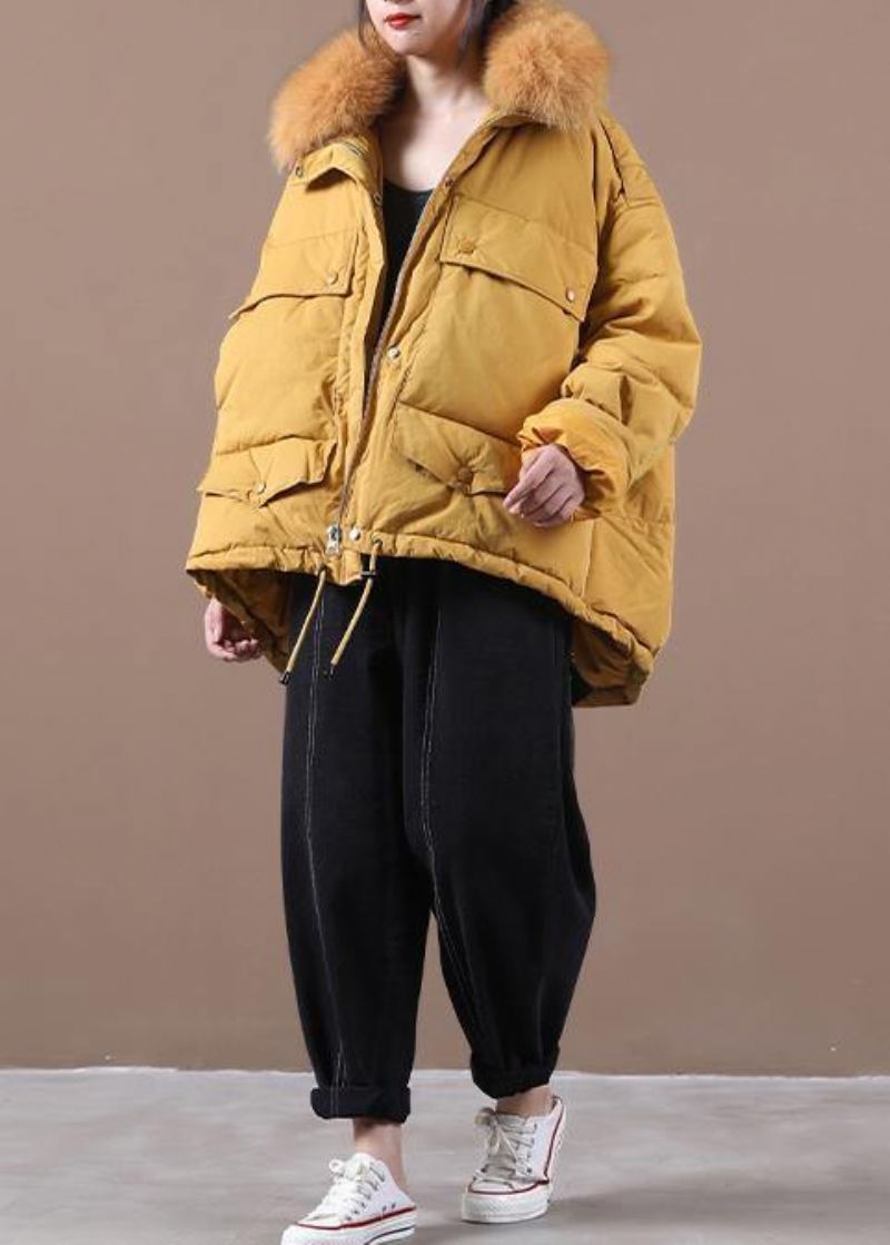 2024 Grande Taille Doudoune Manteaux Jaune Fausse Fourrure Col Cordon Duvet De Canard Manteau - Noir