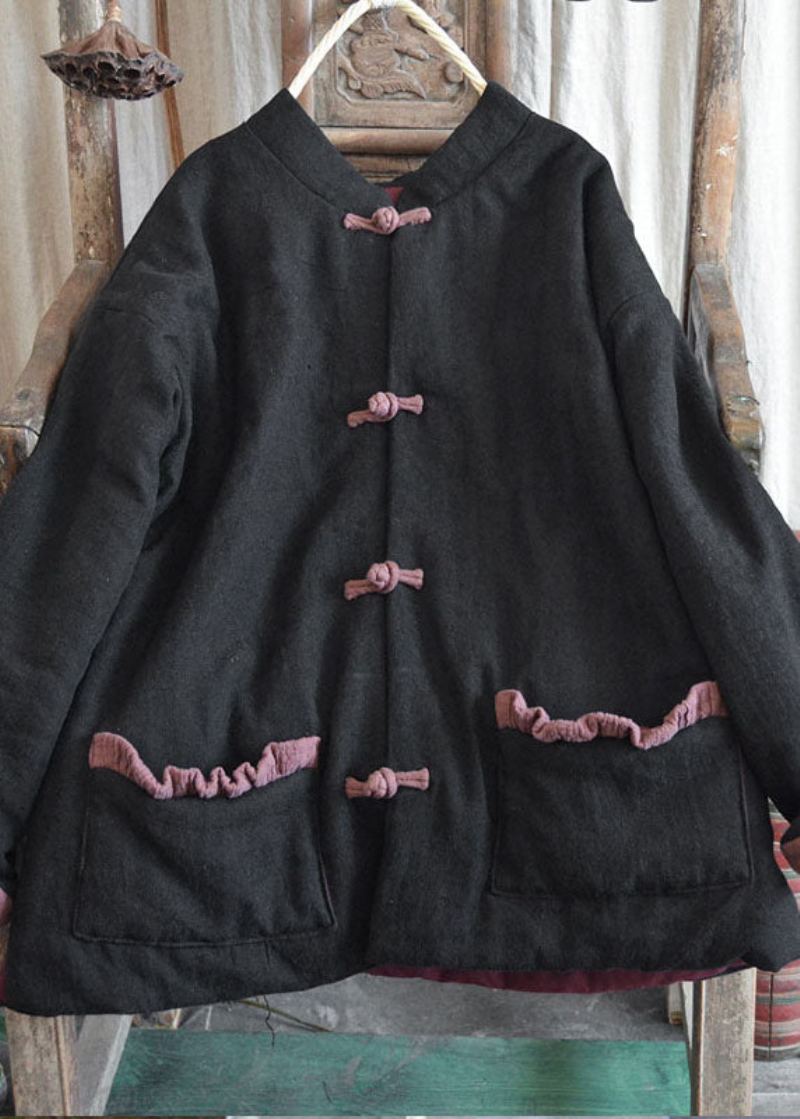 Art Black Button Vestes Doudounes Remplies De Coton Fin Hiver - Noir