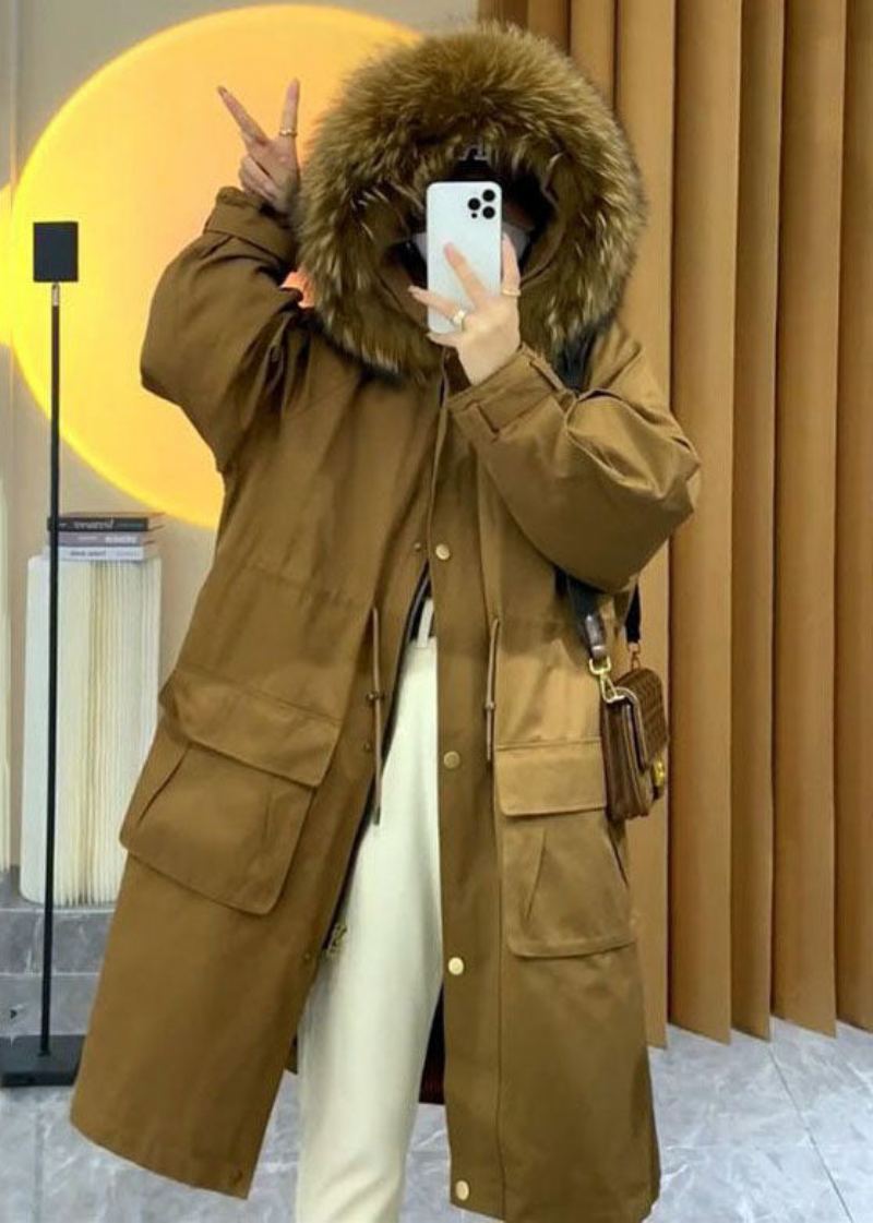 Art Caramel Fausse Fourrure Col Cordon Poches Parka Femme Hiver