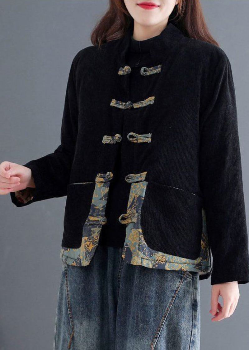 Art Noir Chinois Bouton Patchwork Chaud Polaire Manteau Vêtements D'extérieur Hiver