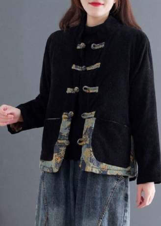 Art Noir Chinois Bouton Patchwork Chaud Polaire Manteau Vêtements D'extérieur Hiver