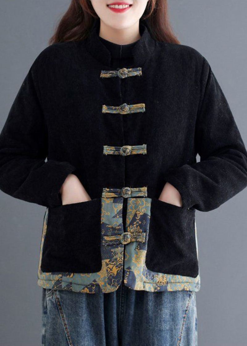 Art Noir Chinois Bouton Patchwork Chaud Polaire Manteau Vêtements D'extérieur Hiver - Doudounes femmes