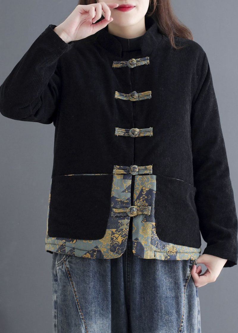 Art Noir Chinois Bouton Patchwork Chaud Polaire Manteau Vêtements D'extérieur Hiver - Doudounes femmes