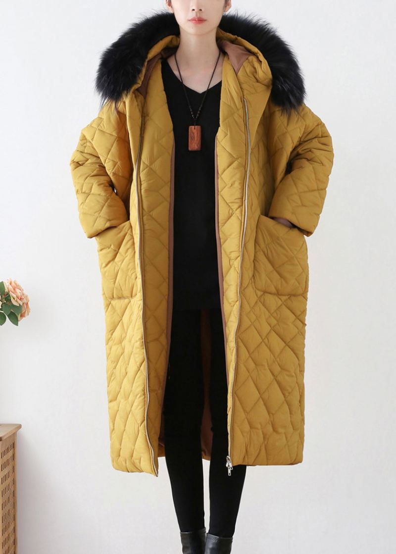 Belle Parka Longue À Capuche Chaude Zippée Jaune Hiver