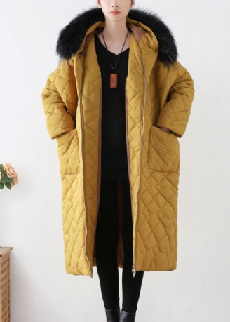 Belle Parka Longue À Capuche Chaude Zippée Jaune Hiver