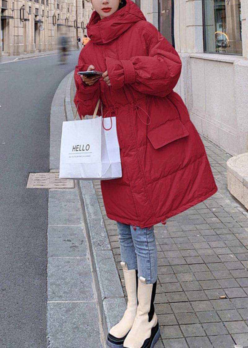 Belles Poches Rouges À Capuche Avec Cordon De Serrage Manteau En Duvet De Canard Hiver