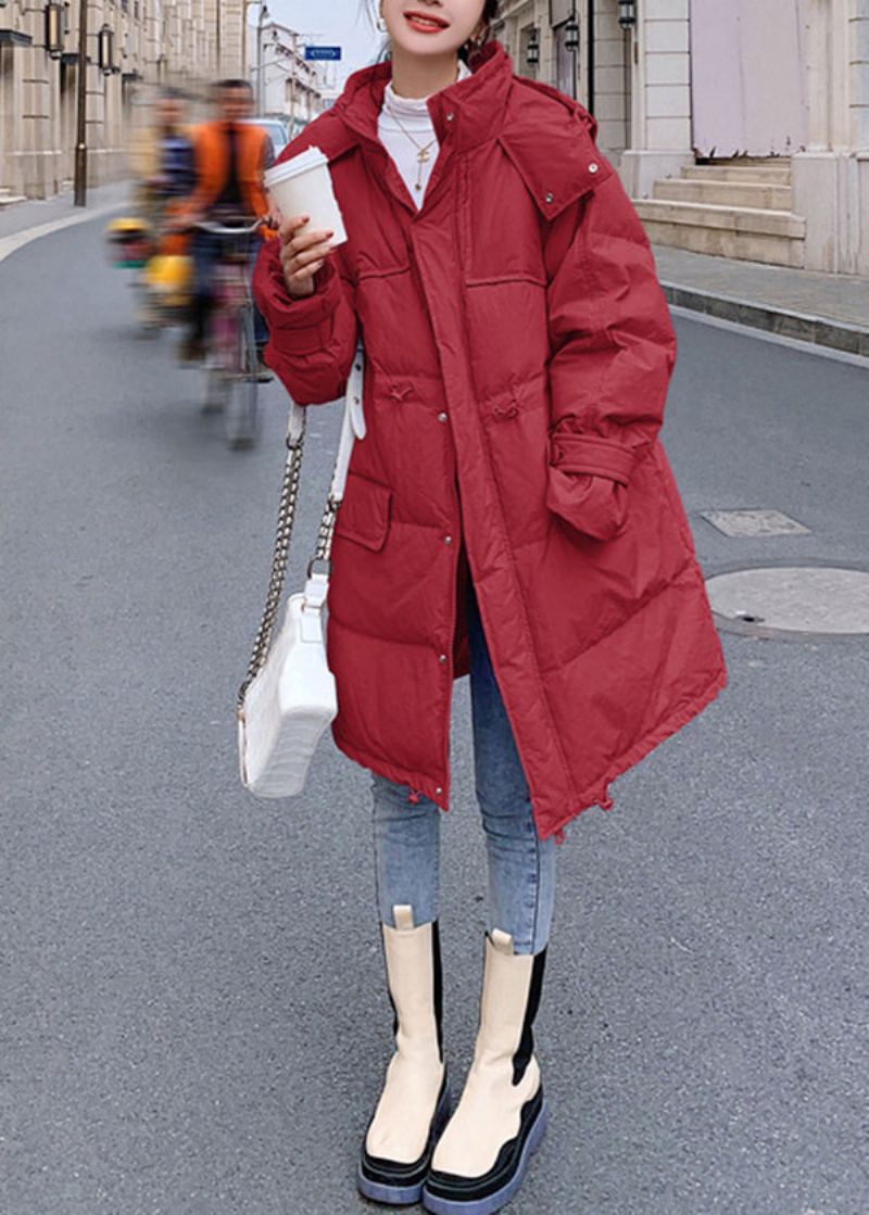 Belles Poches Rouges À Capuche Avec Cordon De Serrage Manteau En Duvet De Canard Hiver - Doudounes femmes