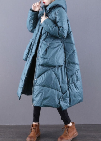 Belles Vestes Bouffantes En Duvet De Canard Épais Surdimensionnées À Capuche Avec Fermeture Éclair Bleu-vert Pour L'hiver