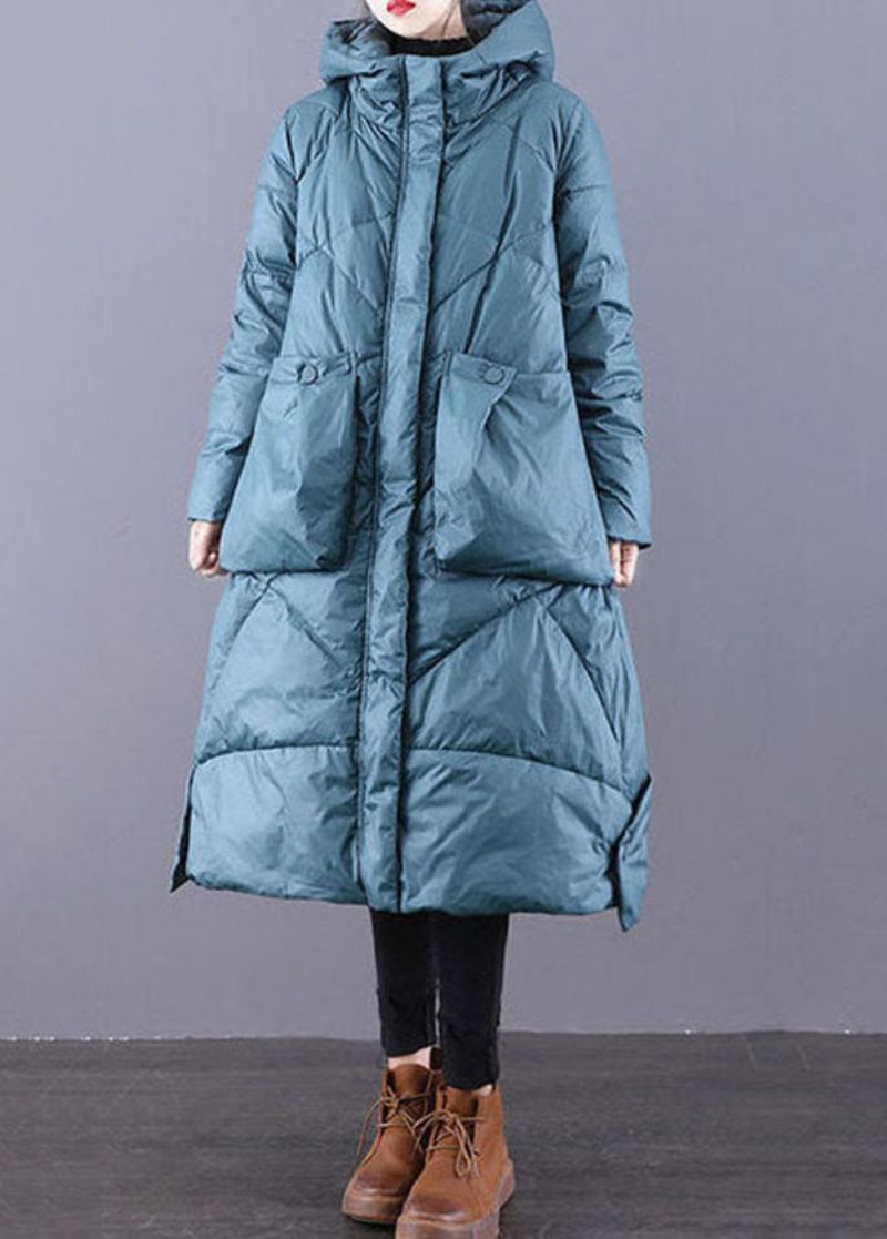 Belles Vestes Bouffantes En Duvet De Canard Épais Surdimensionnées À Capuche Avec Fermeture Éclair Bleu-vert Pour L'hiver - Doudounes femmes