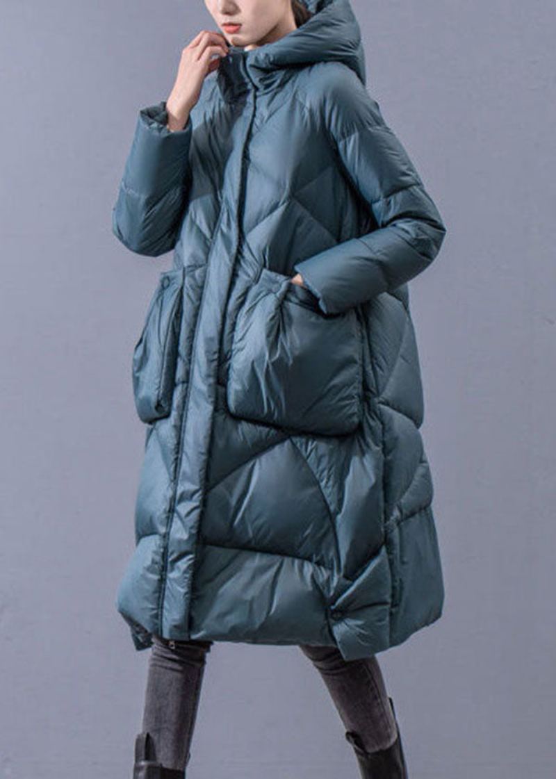 Belles Vestes Bouffantes En Duvet De Canard Épais Surdimensionnées À Capuche Avec Fermeture Éclair Bleu-vert Pour L'hiver - Doudounes femmes