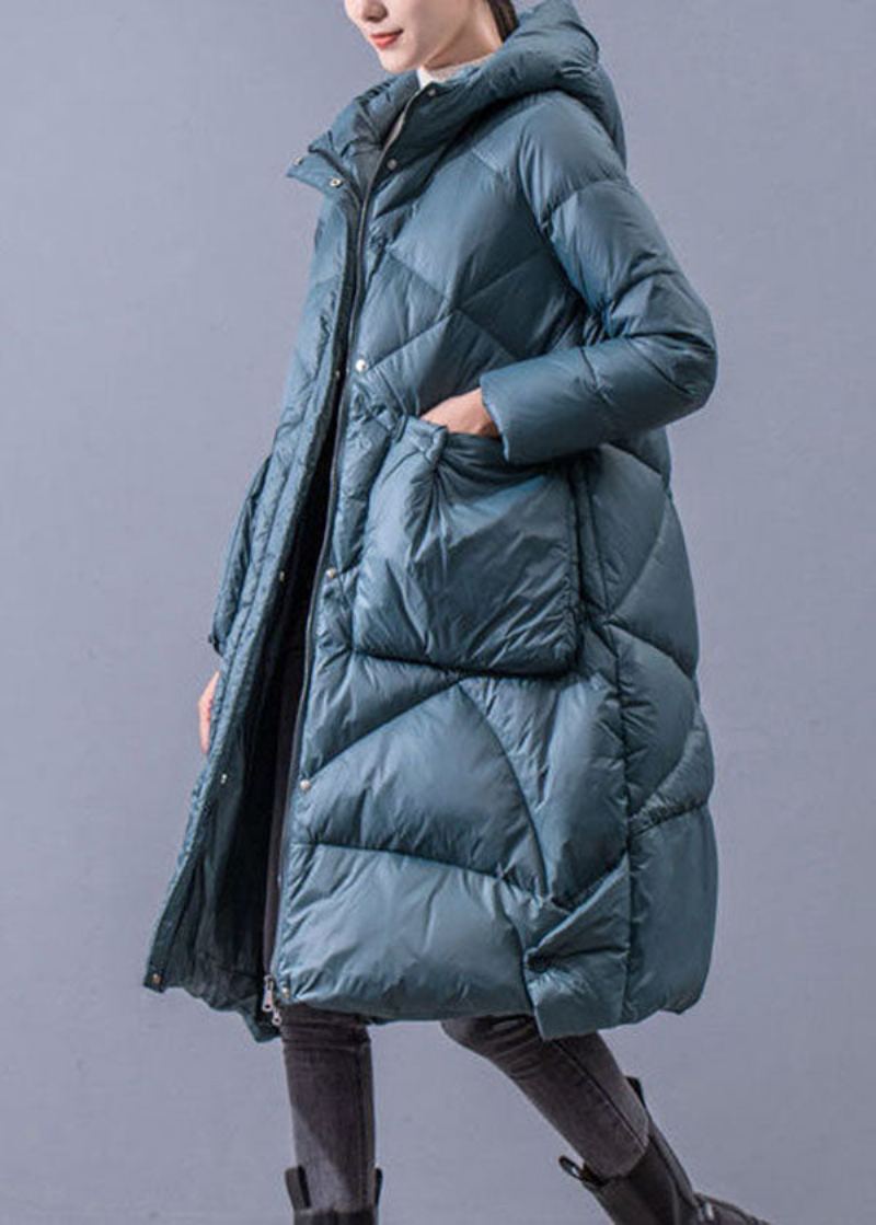 Belles Vestes Bouffantes En Duvet De Canard Épais Surdimensionnées À Capuche Avec Fermeture Éclair Bleu-vert Pour L'hiver - Doudounes femmes