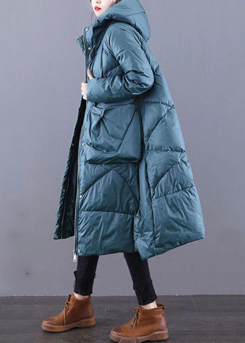 Belles Vestes Bouffantes En Duvet De Canard Épais Surdimensionnées À Capuche Avec Fermeture Éclair Bleu-vert Pour L'hiver - Doudounes femmes