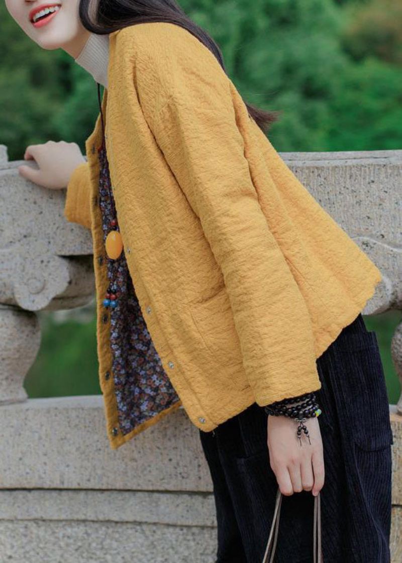 Bohème Jaune Jacquard Solide Fin Coton Rempli Manteau Vêtements D'extérieur Hiver - Jaune