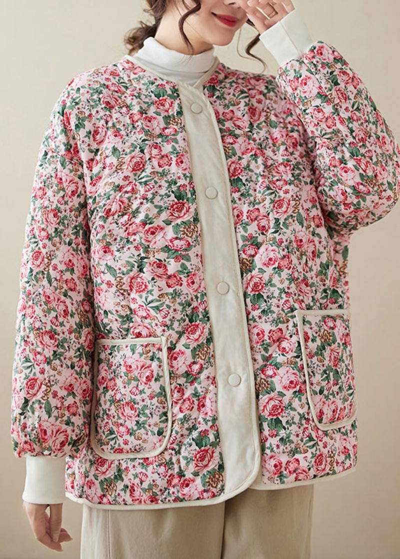 Bohème Rose Poches Imprimé Grande Taille Fine Coton Rempli Veste Hiver - Doudounes femmes